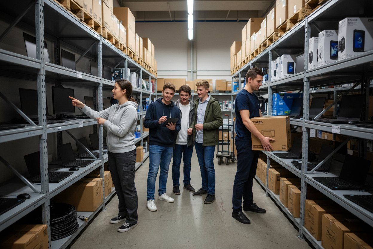 make it more generic... more for school kids... and not a fancy shop, but a computer warehouse. 